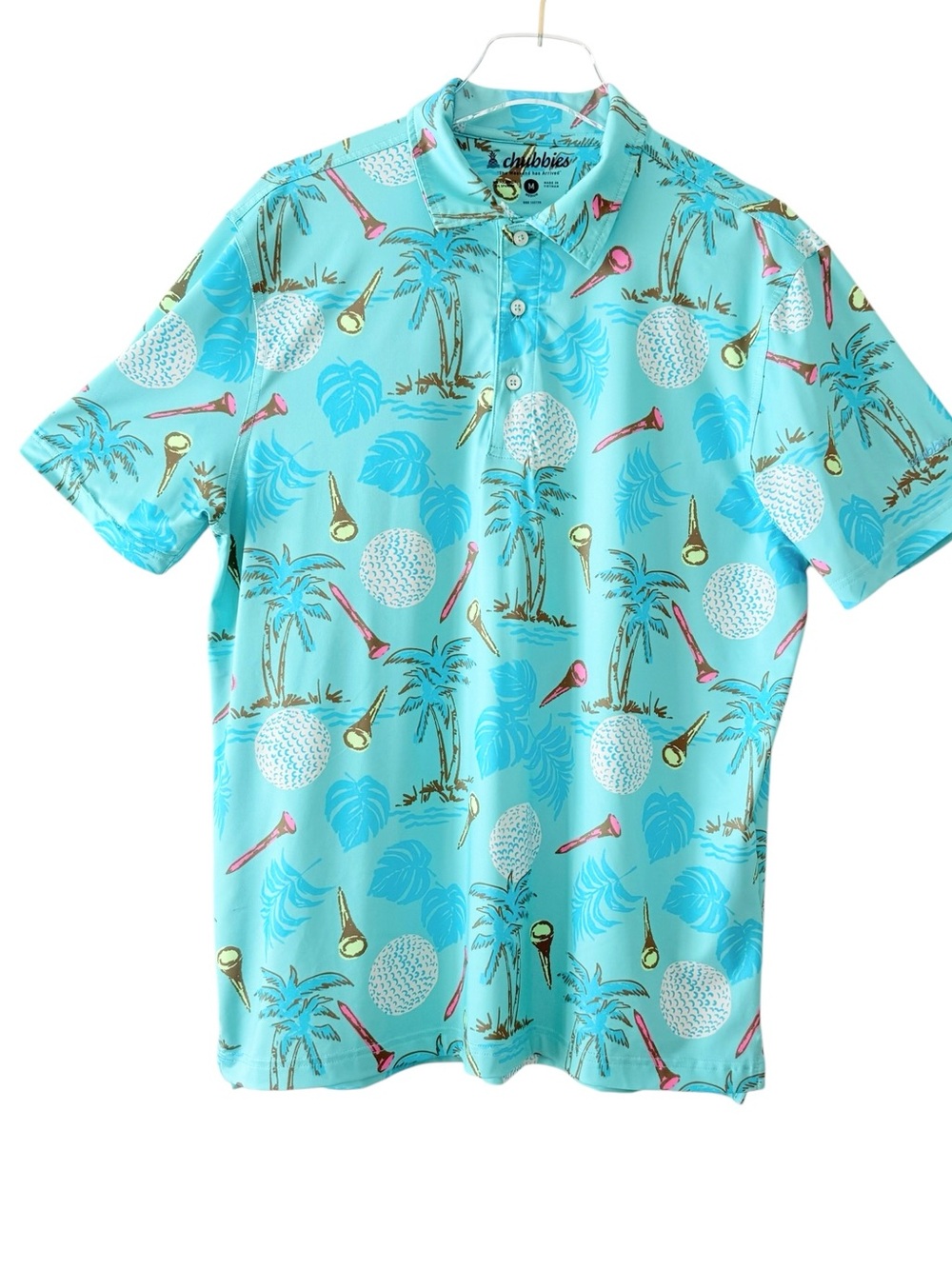 chubbies Aqua Teal Tropical Golf Polo w Pink & Green Palms & Tees Size Medium